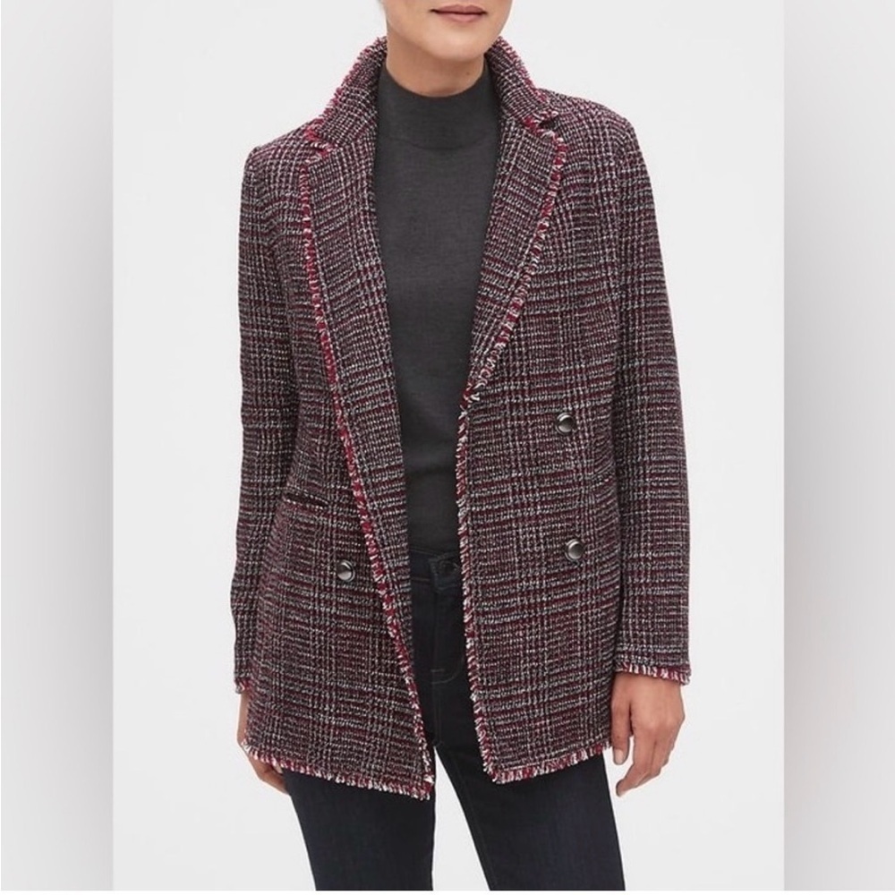 Banana Republic Long Boucle blazer jacket Size 8 red black white fringed